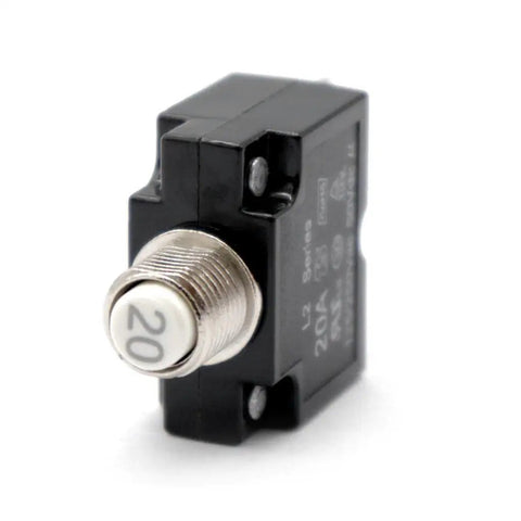 Headache Free Push Button Resettable Circuit Breaker With Slick Quick Connect Terminals For Auto And Marine Builds, 20A compact design.