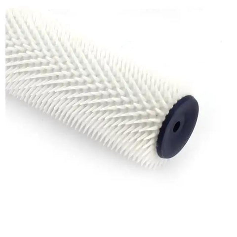 Pro Level 7 Inch Spiked Paint Roller With Slick Non Slip Plastic Handle For Knocking Out Air Bubbles While Stippling Interior Walls And Ceilings Fast Without Dragging Or Skipped Strokes On Your Projects close-up view of spiked roller with polyester cover and plastic handle.