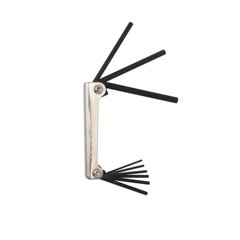 Pro Grade Nine Key Folding Hex Key Set In SAE Sizes with keys extended showcasing leverage positions and square cut ends.