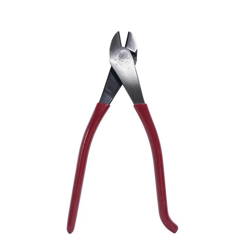 Diagonal Cutting Pliers D248 9ST Workhorse High Leverage Rebar Cutter And Rebar Bender Angled Head For Confined Spaces Short Jaws And Beveled Cutting Edges Hooked Handle So It Will Not Slip Made In USA Ironworker Tool with red handles