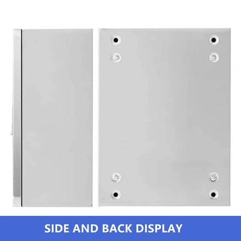 Side and back view of Weatherproof 304 Stainless Steel Electrical Enclosure Box 20 by 16 by 8 Inches showing mounting points.