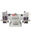 6 Inch Dual Grit Bench Grinder Featuring High Torque Half Horse Motor Heavy Duty Metalworking Beast For Rust Cleanup Tool Shaping Deburring And Precision Grinding Applications Includes Integrated Dust Guard For Tough Jobs with safety shields and metal base.