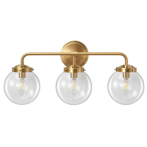Three Light Vanity Wall Sconce Over Mirror In Matte Gold Finish With Transparent Glass Ball Shade, Sleek Modern Mid Century Farmhouse Bathroom Lighting For Vanity, 22 Inch Long Glam Vibe