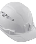 White vented hard hat with padded self-wicking sweatband, cap style, front and back mounts for headlamps, adjustable vents visible.