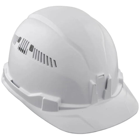 White vented hard hat with padded self-wicking sweatband, cap style, front and back mounts for headlamps, adjustable vents visible.
