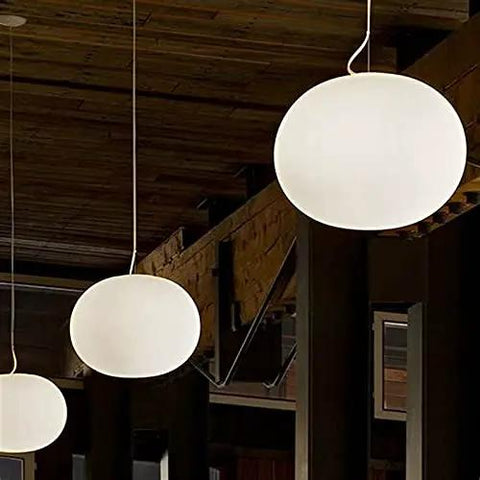 Modern Oval Milk White Glass Pendant Lamp Office Shop Bar Cafe Restaurant Hotel Hall Home Bedside Dinning Room Suspension Light, three sizes shown.