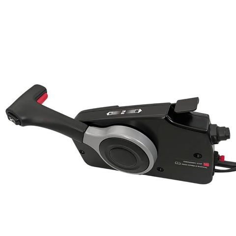 Suzuki Outboard Remote Throttle Control 67200-93J50 for side-mounted control box, black housing with lever, push to open.