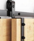 Close-up of Bypass Barn Door Hardware Kit With Heavy Duty Roller Anti Jumper Floor Guide Stopper And Accessories J Shape Track