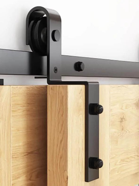 Close-up of Bypass Barn Door Hardware Kit With Heavy Duty Roller Anti Jumper Floor Guide Stopper And Accessories J Shape Track
