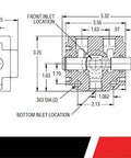 Hydraulic selector valve schematic with front and bottom inlet locations and dimensions; Bailey logo