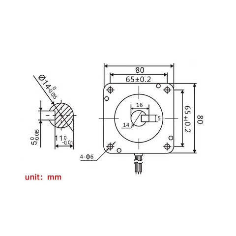 Technical diagram of 450W 220V Permanent Magnet Synchronous Brushless DC Motor with 80x80 mm flange and 14 mm shaft.