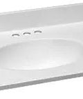 Solid White Cultured Marble Vanity Top With Integrated Oval Sink, 3 Pre Drilled Centerset Holes For 4 Inch Faucets, Backsplash Included, 31 Inch Wide By 19 Inch Deep By 10.6 Inch High, Stain Resistant And Easy To Clean Bathroom Countertop shown from an angle