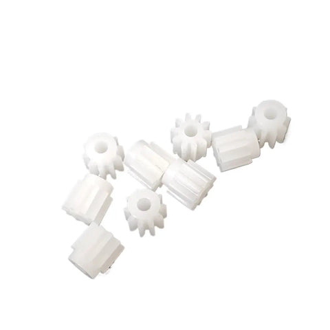 Plastic Shaft Pinion 11T Gear Set 10 Pack For Tiny Drones And RC Projects, 3.8mm Diameter, 0.95mm Bore, 1mm Tight Fit Shaft, Coreless Motor Gear Transmission For Quadcopters, Toy DIY Robotics white plastic pinion gears on a plain background