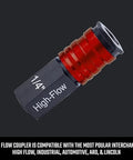 High-flow aluminum fitting, 1/4 in NPT threads, red body with black collar