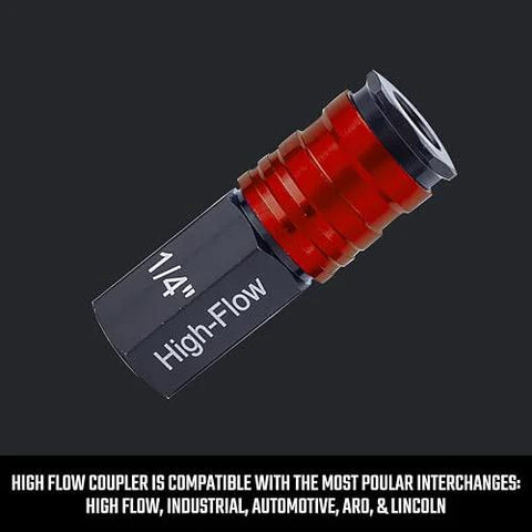 High-flow aluminum fitting, 1/4 in NPT threads, red body with black collar