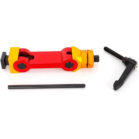 Image of a Precision Adjustable Milling Vise Stop for CNC Milling Machines, featuring durable cemented carbide construction, red and yellow aluminum components, and included mounting hardware.