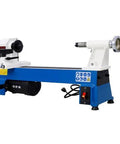 Front view of blue benchtop wood lathe with white headstock and tailstock; power switch visible