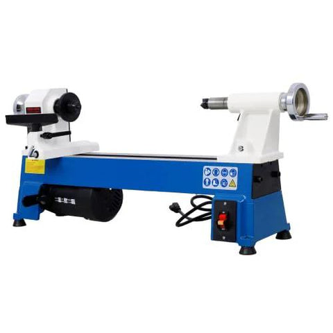 Front view of blue benchtop wood lathe with white headstock and tailstock; power switch visible