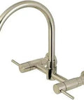Concord 8 Inch Centerset Wall Mount Kitchen Faucet in Brushed Nickel, showing solid brass construction with drip-free ceramic disc