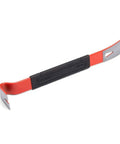 15 Inch Flat Pry Bar With Grip For Demolition And Prying Nails Precision Ground Edges Beveled Nail Slots High Visibility Rust Resistant Finish Durable Heavy Duty Pry Tool For Pros And DIYers on white background showing red and black design.