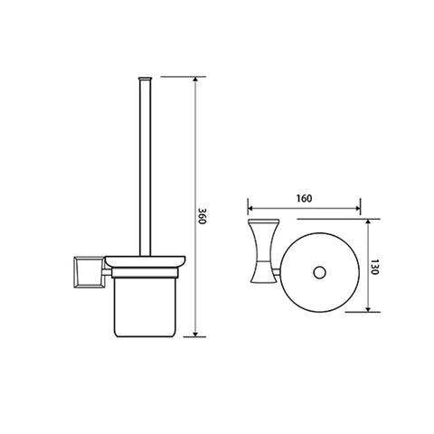 Technical drawing of Heavy Duty Wall Mounted Toilet Brush Holder Slick Chrome Finish Glass Cup dimensions 360mm height, 160mm width, 130mm depth.