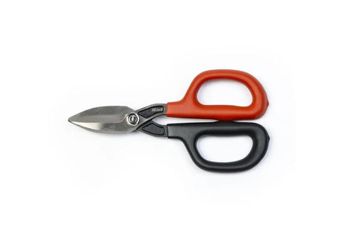 Seven Inch Straight Pattern Tin Snips Featuring Hella Sharp Hand Edged Blades For Slick Sheet Metal Cutting And Real Smooth Action For Zero Drama Heating Ventilation Air Conditioning Plumbing Work With Tough Aluminum Handles.