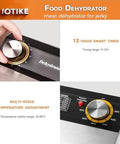 Top Shelf Electric Food Dehydrator Built Tough From Heavy Duty Stainless Steel With Six Roomy Trays showing smart timer and temperature dials.