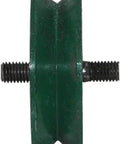Front view of green metal plate caster with dual threaded mounting bolts on sides.