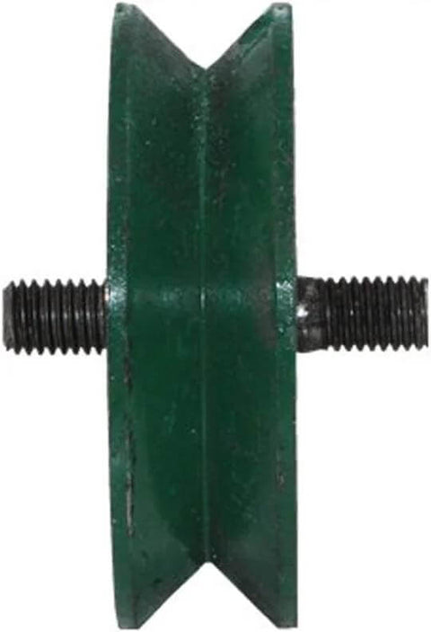 Front view of green metal plate caster with dual threaded mounting bolts on sides.