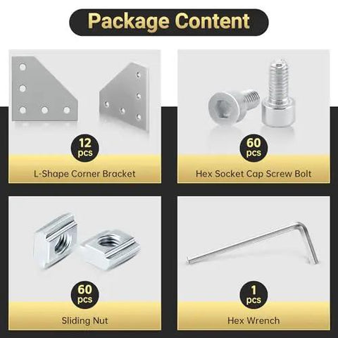 12 Set Corner Bracket Kit For 20x20mm Aluminum Extrusion Profiles With L Shape Joint Plates, 60 T Nuts, 60 Screws And 1 Wrench