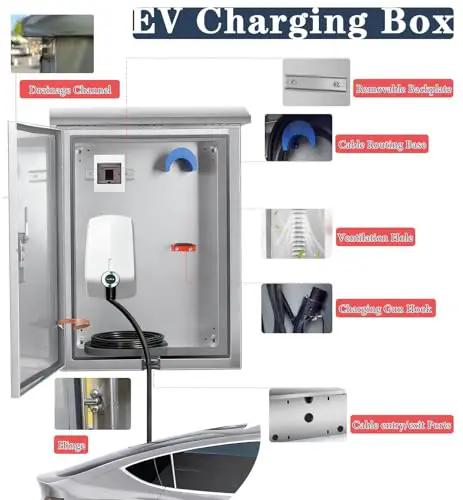 Tough As Nails Waterproof EV Charger Box Cover With Lockable Electric Vehicle Charging Station Enclosure showing interior compartments and features.