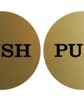 Two Inch Round Push Pull Door Signs Brushed Gold Set Of Two Durable Plastic With Strong Adhesive Foam Tape For Super Easy Install And Clear Legible Messaging In Offices Homes Or Commercial Doors, two gold round PUSH and PULL signs