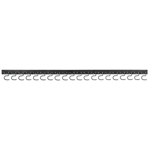 Sixty Four Inch Black Steel Wall Mount Garage Rack Featuring Twenty Heavy Hauling Hooks And Four Slick Modular Rails For Ultimate Workshop Organization And Tool Tidying
