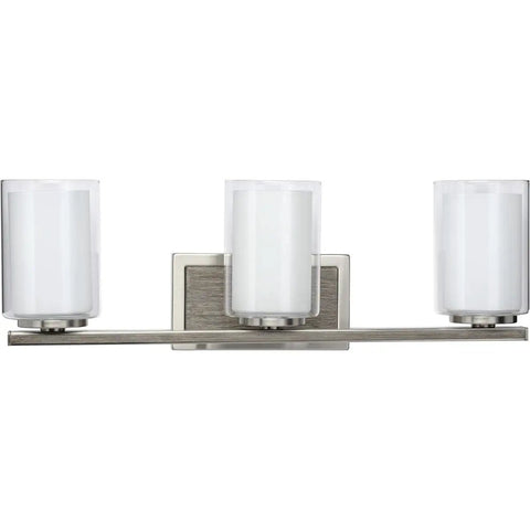 Four Light Linear Chandelier In Brushed Nickel With Faux Wood Back Plate And Clear And Etched Glass Shades For Spa Vibe Bath Vanity Lighting 7.75 In By 24 In