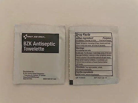Two First Aid Only BZK Antiseptic Towelette sachets; left shows label, right shows drug facts panel.