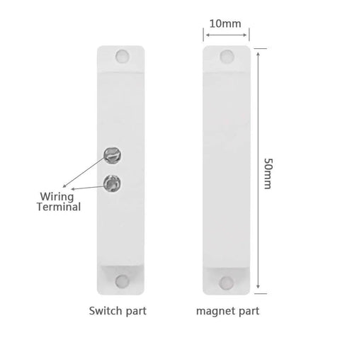 Diagram of Four Pack NC Wired Door Alarm Magnetic Contact Sensor with dimensions and wiring terminal.
