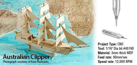 Model of Australian Clipper ship on a map with CNC tool specifications text.