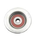 Top Notch Drive Belt Tensioner Idler Pulley 16604-0P011 For Toyota Tacoma And Tundra Models top view of shiny metal pulley with red bearing.