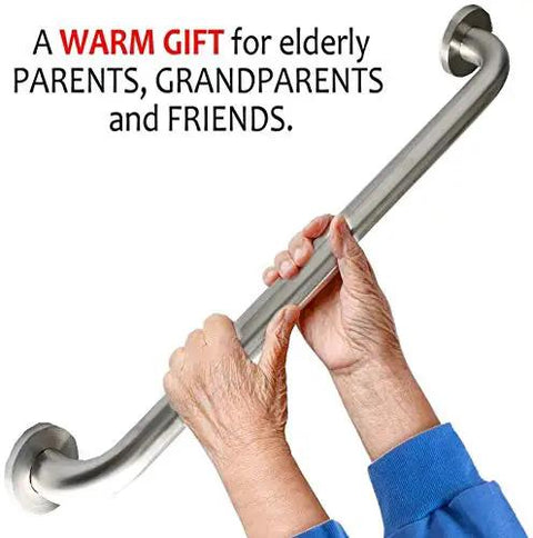 Built Tough 24 Inch Shower Grab Bars 2 Pack, Rock Solid Stainless Steel Bathroom Safety Handles, Smooth Brushed Nickel Finish in use.