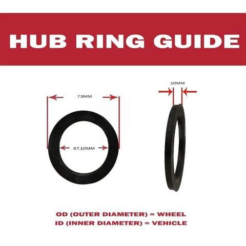 Heavy Duty Poly Carbonate Hub Centric Rings 4 Piece Set OD 73mm ID 67.1mm with dimensions for proper fitment and alignment.