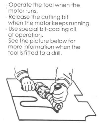 Illustration of Dope Speed Drill Attachment Nibbler For Sheet Metal With 360 Degree Rotating Head in use, cutting metal