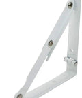 Heavy Duty Folding Shelf Brackets 8 Inch White Metal Corner Braces Built Like A Tank Triangle Supports Collapsible Wall Mounts side view