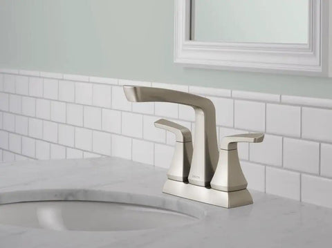 Vesna Centerset Bathroom Faucet Brushed Nickel Finish For 4 Inch 3 Hole Sinks Includes Pop Up Drain Assembly And Worry Free Drain Catch SpotShield No Fuss Sink Upgrade installed on marble countertop