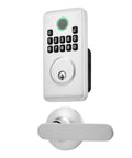 Rock Solid Keyless Entry Door Lock Set Featuring A Super Slick Silver Keypad Deadbolt With Comfortable Lever Handles for front door use.