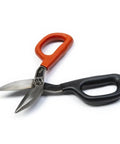 Seven Inch Straight Pattern Tin Snips featuring hella sharp hand edged blades for slick sheet metal cutting, with orange and black handles.