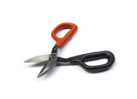 Seven Inch Straight Pattern Tin Snips featuring hella sharp hand edged blades for slick sheet metal cutting, with orange and black handles.