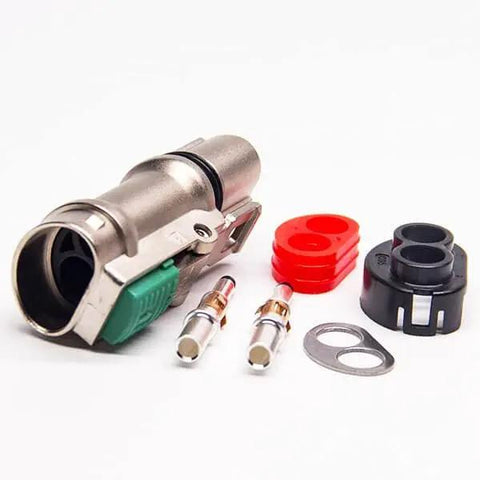 Heavy Duty Straight Shot 2 Pin 35A High Voltage Male Plug For Electric Vehicles, includes connectors and sealing components.