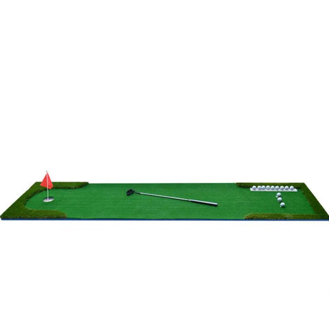 Indoor Golf Putt Practice Mat Set With Automatic Ball Returner Realistic 4cm Artificial Turf For Home Use Putter Pad Kit Includes Accessories 0.75 By 3m Great For Living Room Practice showing mat with putter and balls