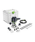 Plunge Router Of 1400 EQ-F-Plus With Ergonomic Grip, Precise Depth Scale, and accessories including collets, rods, and dust hood.