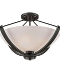 Casual Mission 3-Light Semi Flush Mount In Oil Rubbed Bronze With White Lined Glass, designed for foyers and living areas.